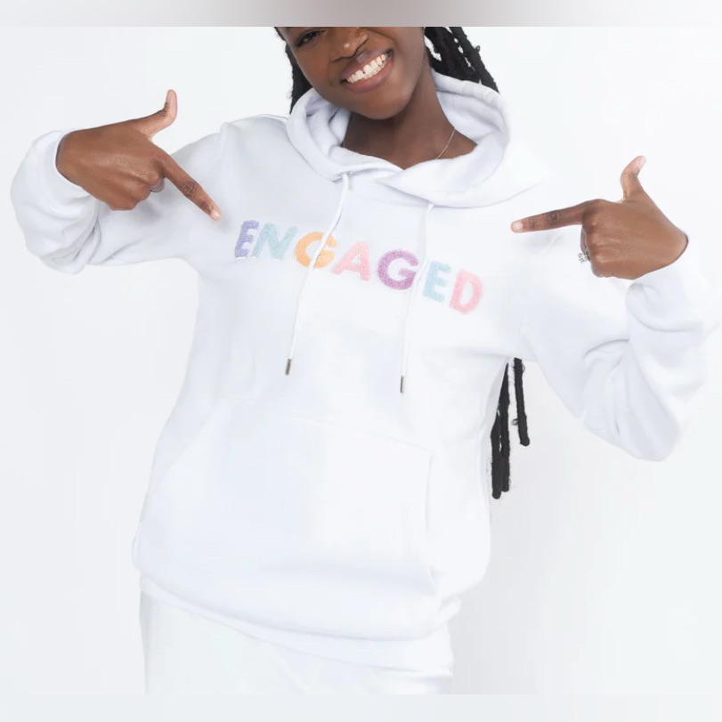 Engaged Hoodie White Bride Sweatshirt Medium Embroidered Hooded Sweater Fuzzy